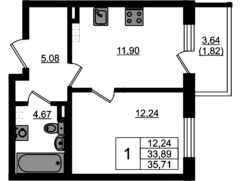 1-комнатная квартира 35.71 м², 4/4 эт., ЖК «Новая история»